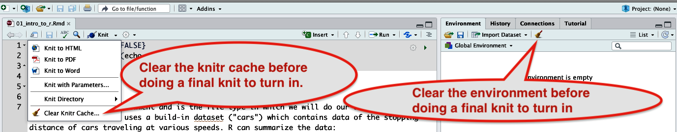 Figure 14. Clear the knitr cache and the environment as preparation before you do a final knit to generate the HTML file to turn in.