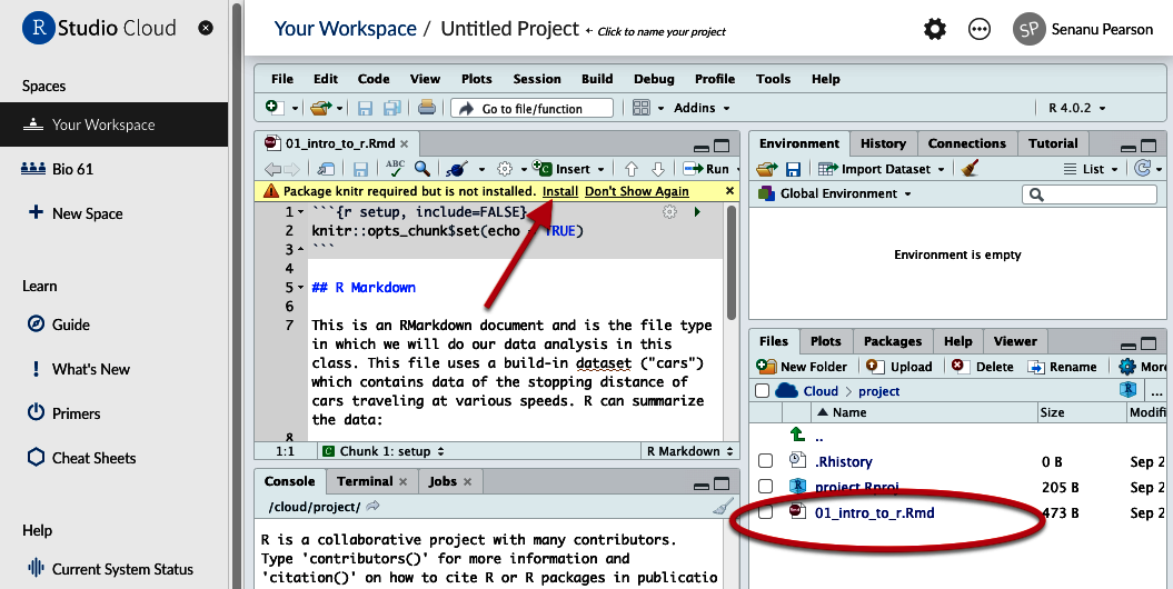 Figure 5. Location of uploaded file and Message to install Knitr