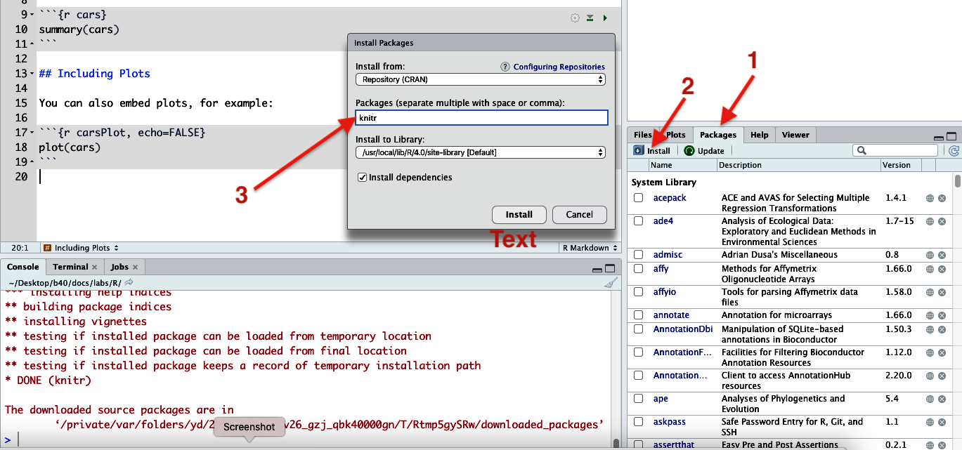 Figure 7. Installing packages (knitr in this case)