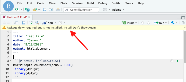 Figure 8. Yellow strip indicating you need to install packages