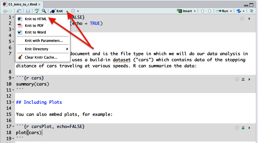Figure 11. Knitting to produce an HTML document. Before you do this to turn in an HTML document, you must also select 'Clear Knitr Cache' from this same menu
