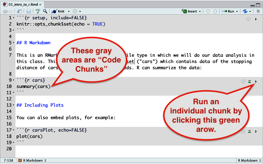 Figure 10. Click the green arrow to run a single code chunk (in gray)